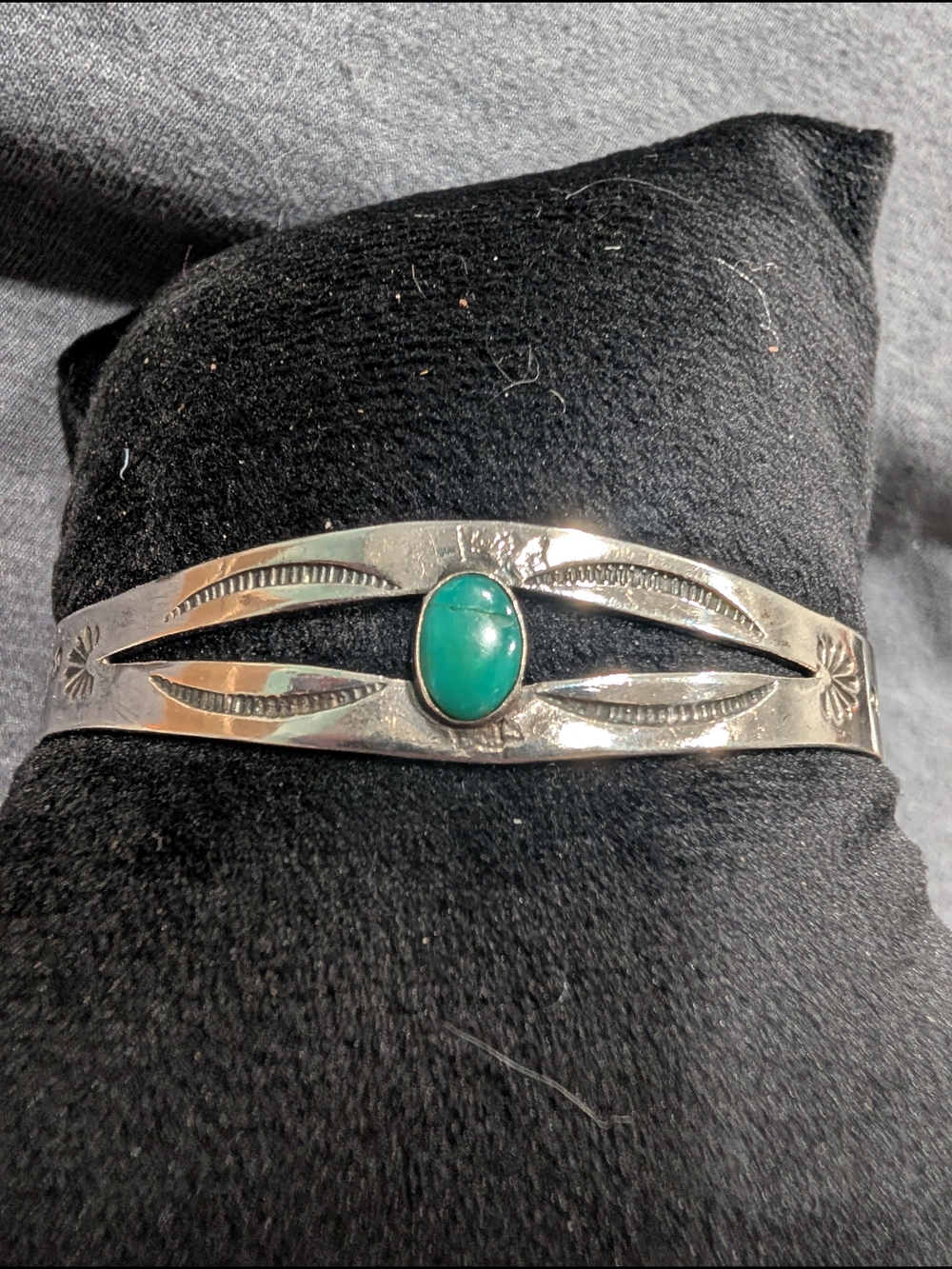 Coin Silver Cuff with Green Turquoise Stone - Stamped IH Indian Headquarters
